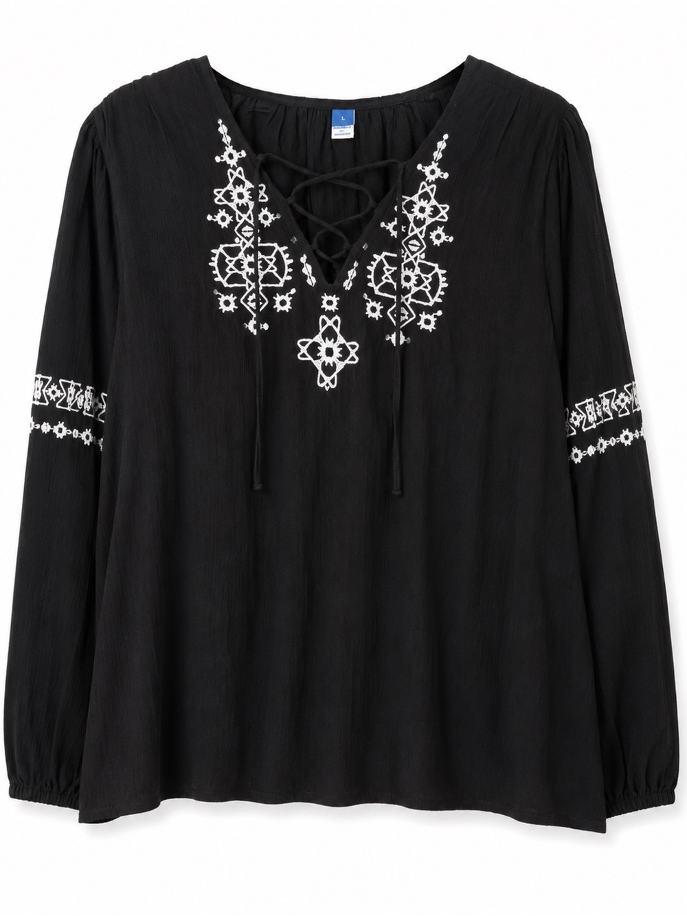 Old Navy Black Peasant Top with White Embroidery